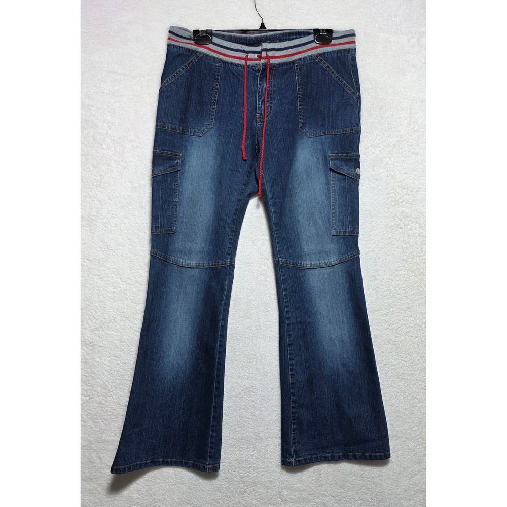 First Line Los Angeles Cargo Flare Jeans Dark Wash Knit Waist Size 15 Y2K Style
